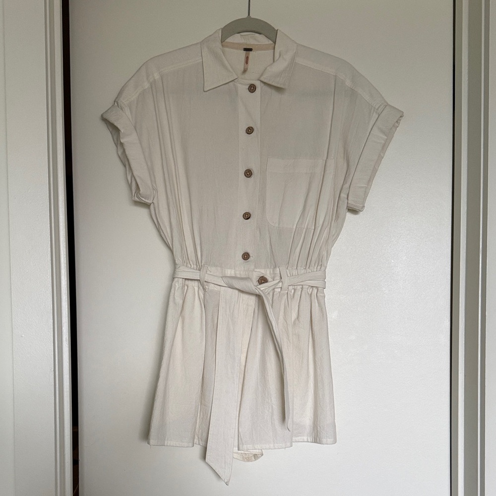 Free People Cream Button-Up Shorts Romper